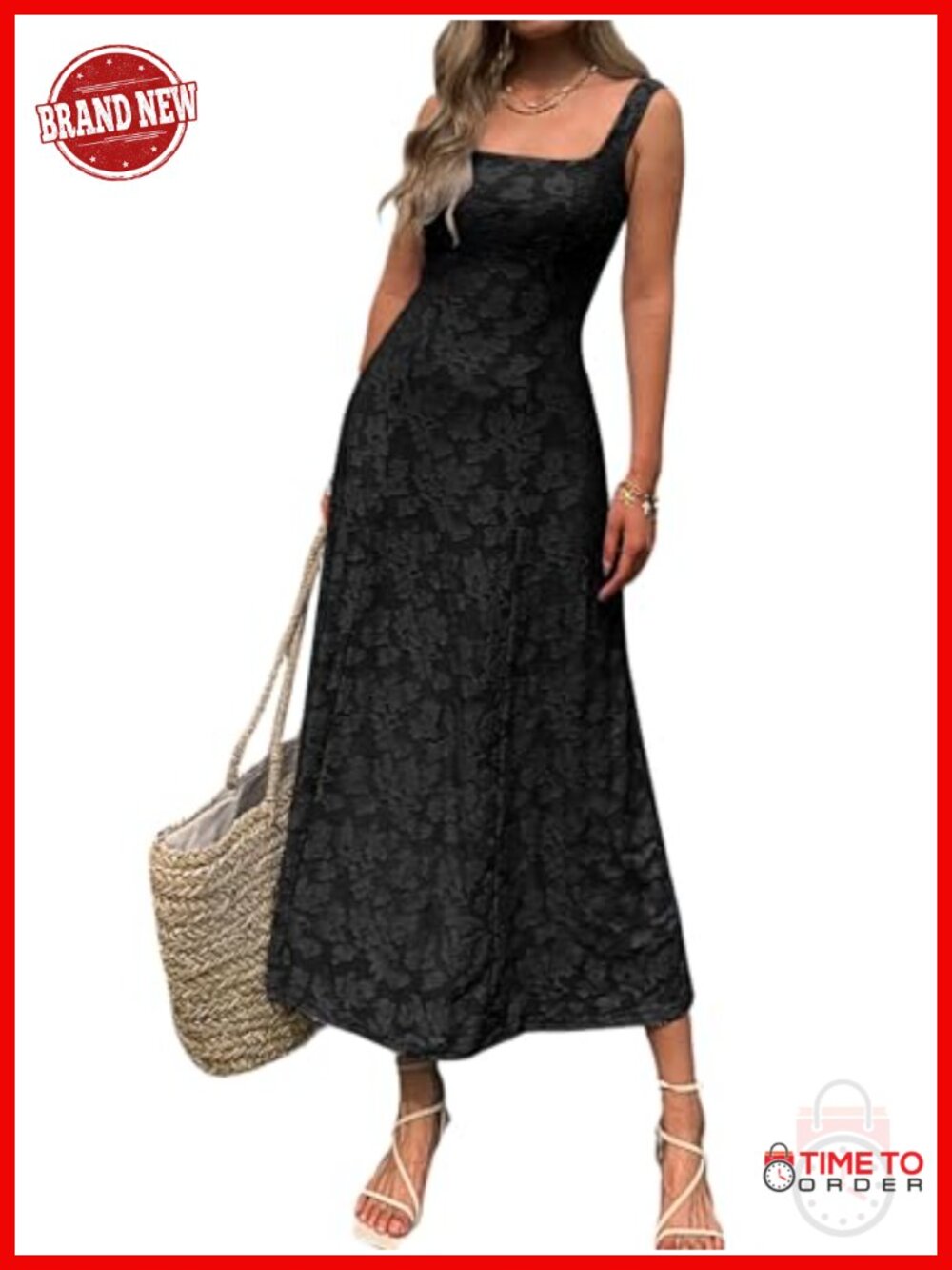 Womens Floral Jacquard Maxi Dress Square Neck Sleeveless A Line Summer